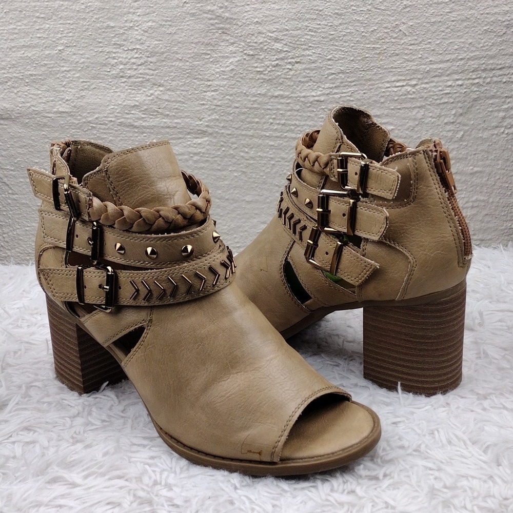 Sugar River Tan Faux Leather Open Almond Toe Block Heel Zipper Back Ankle Boot